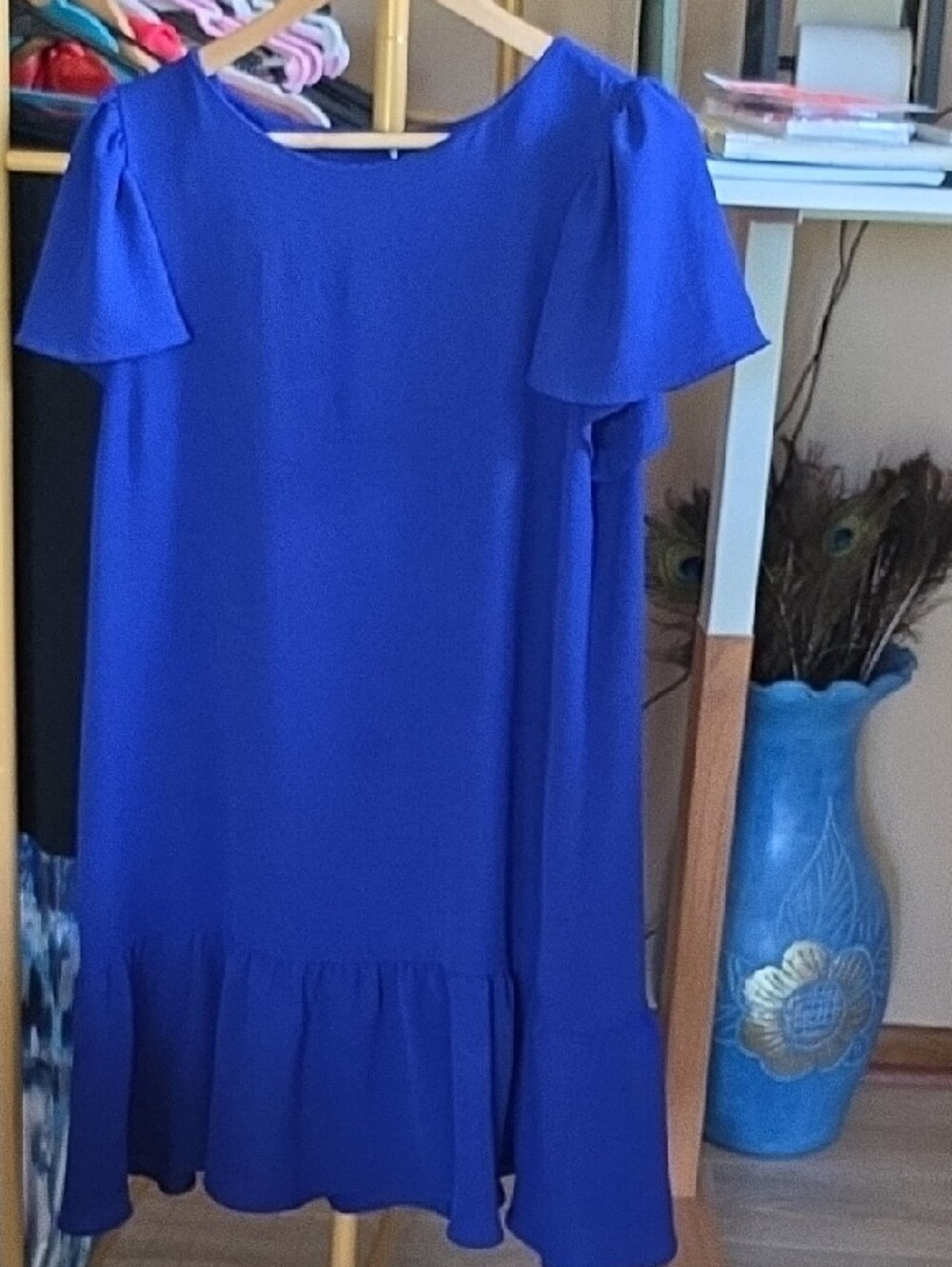 DKNY Cobalt Blue Flutter-Sleeve Ruffle-Hem Mini Dress